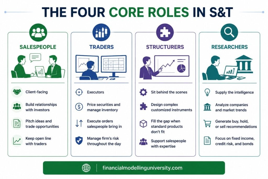 Infographic showing the four core roles in sales and trading: salespeople, traders, structurers, and researchers.