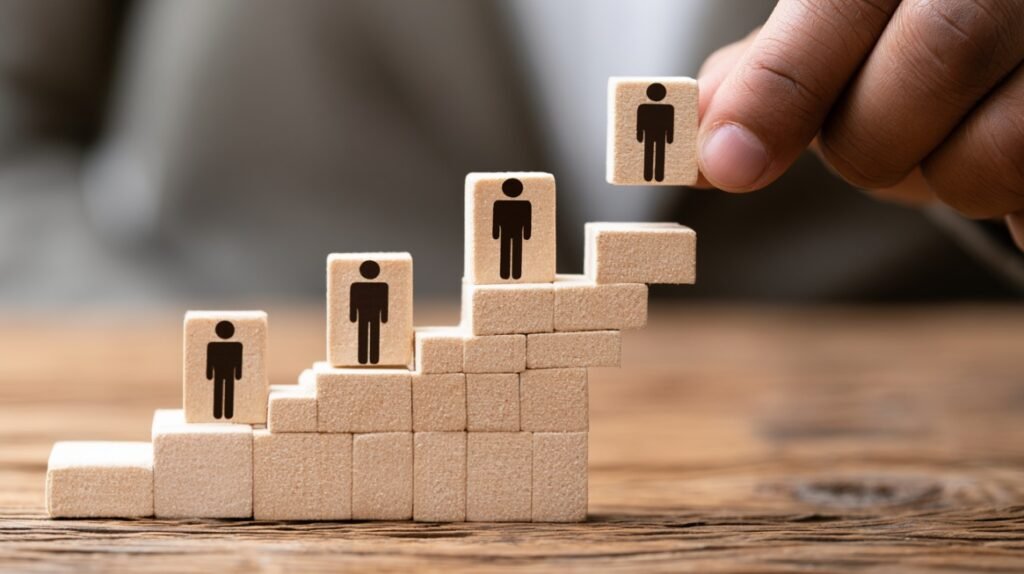 Wooden blocks arranged like steps with person icons, representing career growth in sales and trading.