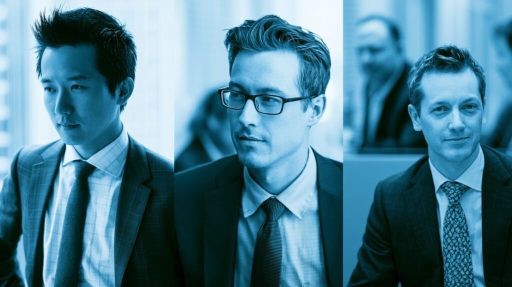 Portrait collage of finance professionals representing different roles in trading and capital markets.