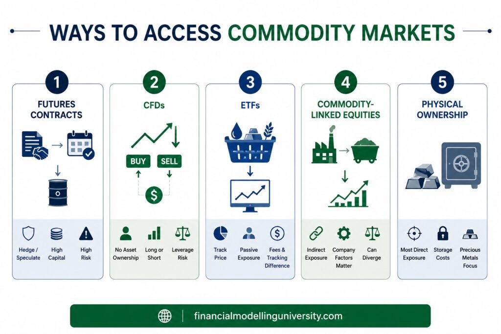 Infographic showing futures contracts, CFDs, ETFs, commodity-linked equities and physical ownership as ways to access commodity markets.