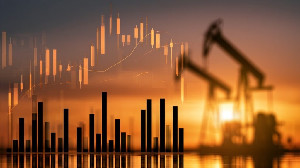 Commodity Trading - Oil pump silhouette with candlestick charts and bar graphs over a sunset background.