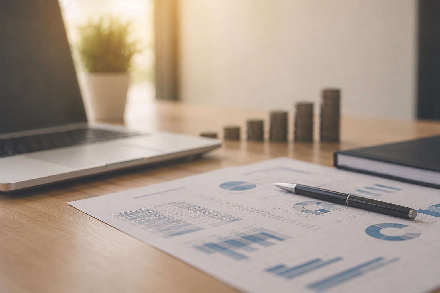 Residual Income - Financial reports, laptop, pen, and stacked coins on an office desk.