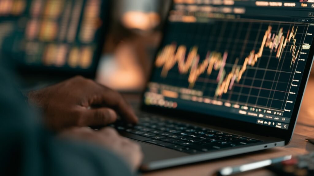 Close-up of a laptop displaying financial market charts and trading data