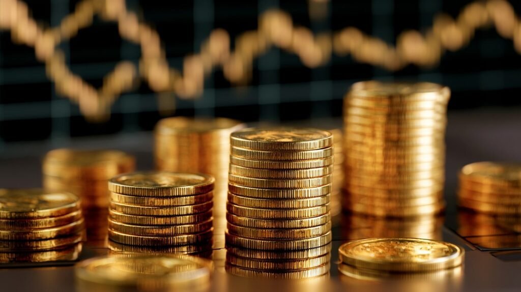 Stacks of gold coins with a blurred price chart in the background.