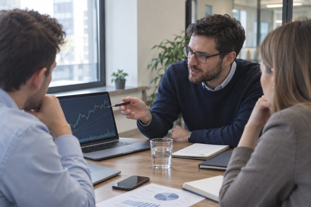 Investment consultant explaining portfolio performance to two clients.