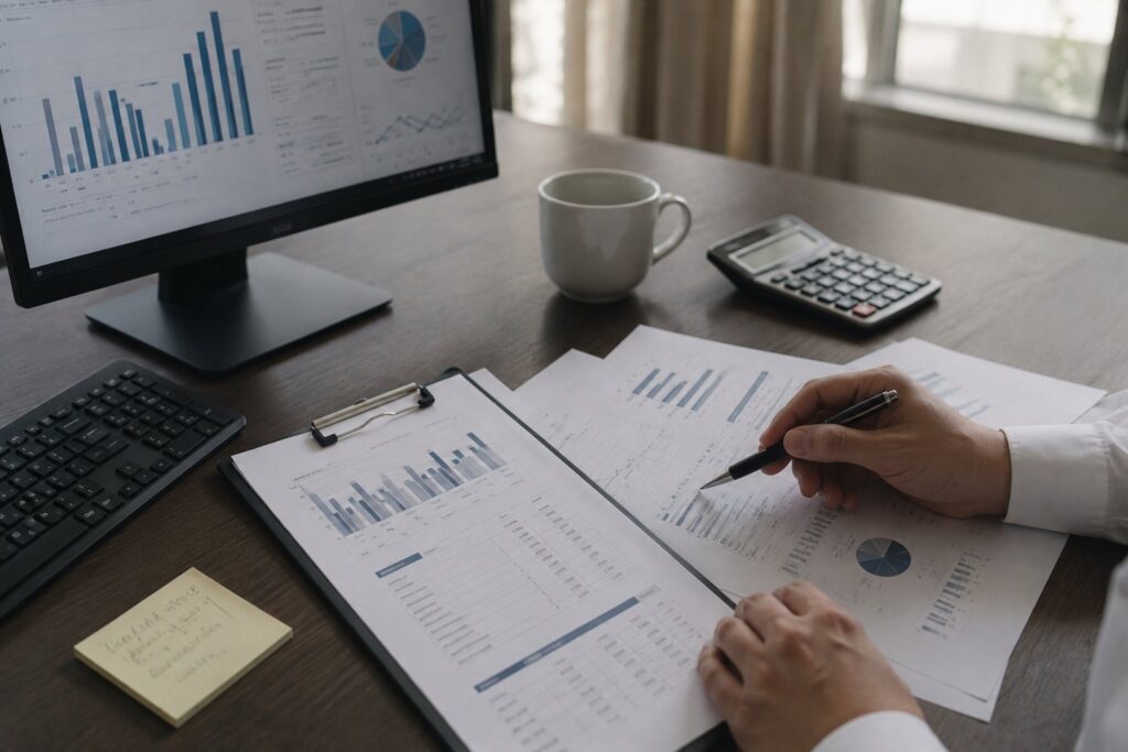 Investment consultant analyzing charts, reports, and portfolio data.