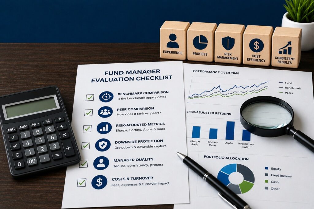 Fund manager evaluation checklist with calculator, charts, and financial analysis tools.