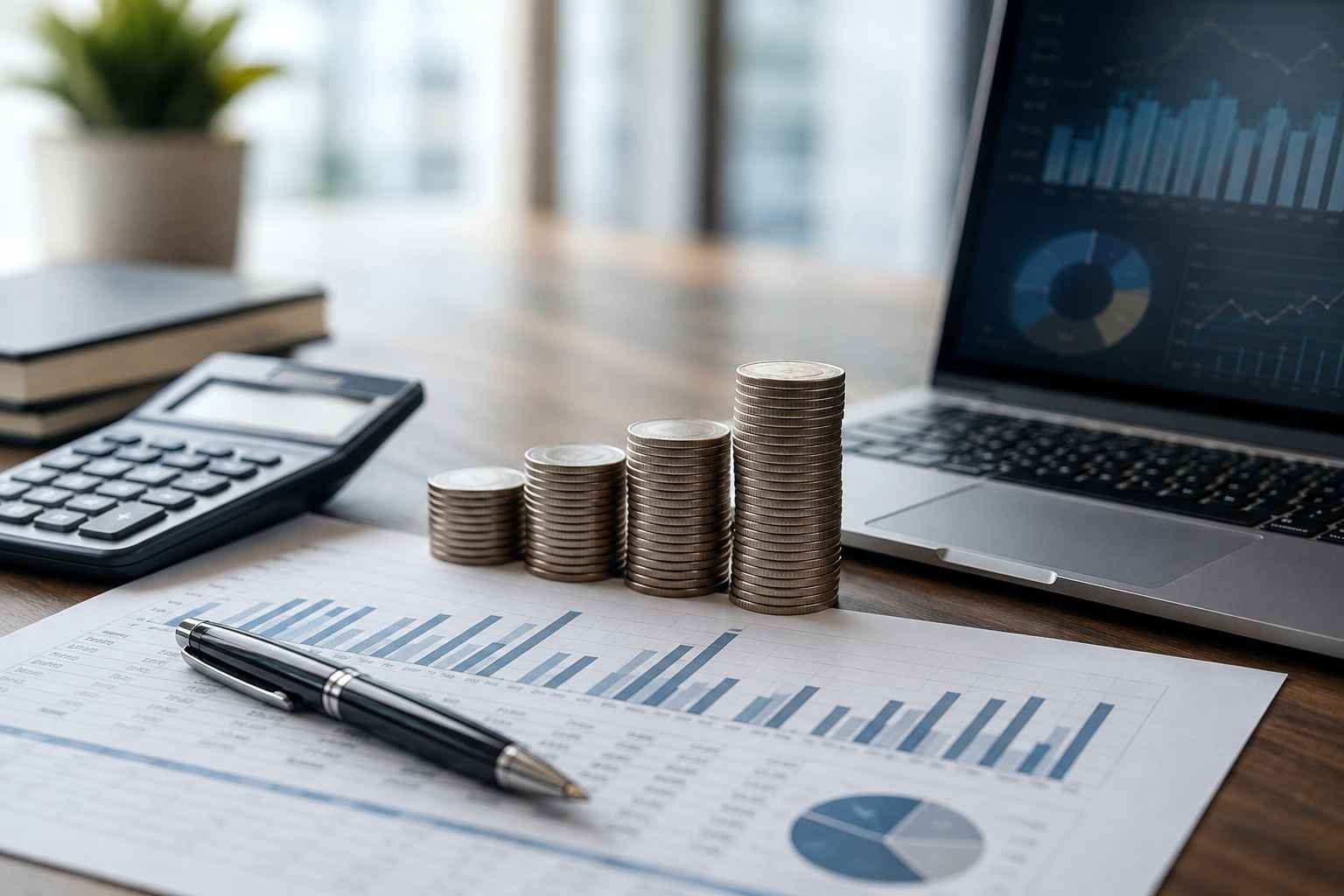 Calculate FCFF - Calculator, laptop, financial charts, and stacked coins representing FCFF analysis.