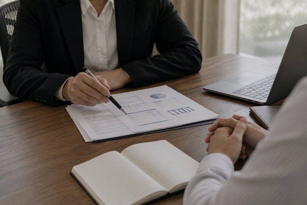 Client meeting with an investment consultant reviewing financial reports.