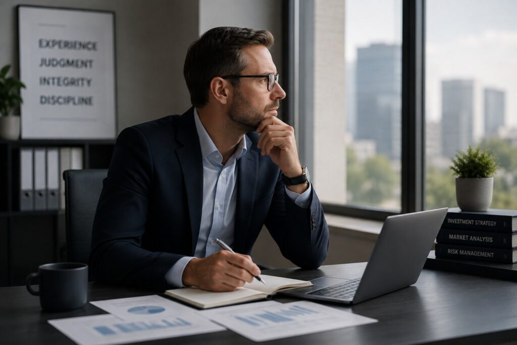 Fund manager reviewing financial reports at a modern office desk.