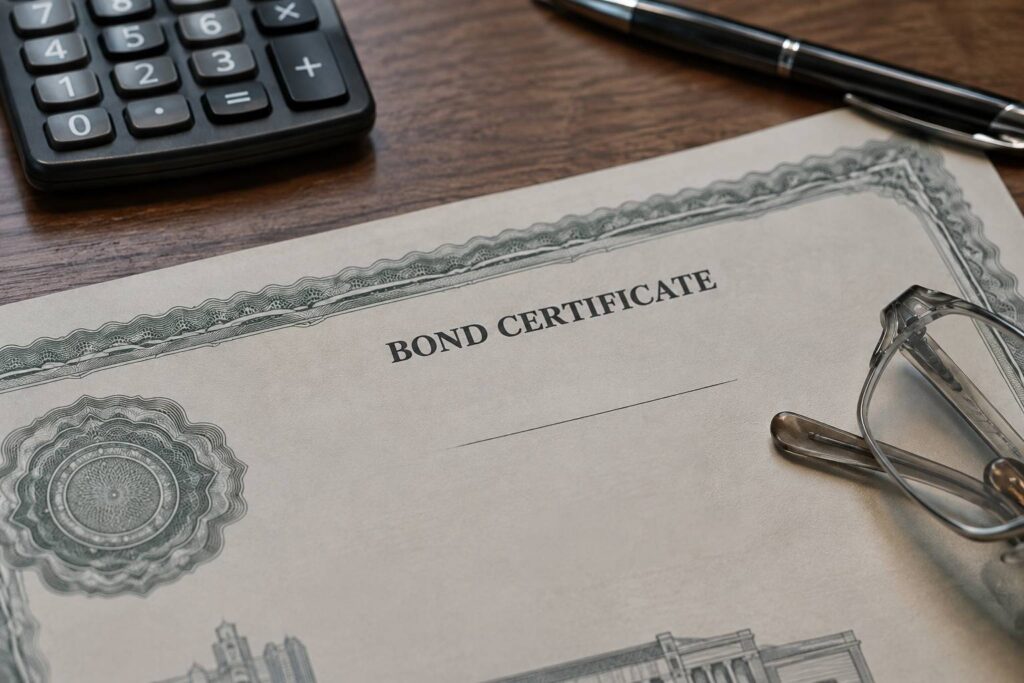 Bond certificate on a desk with calculator, pen, and glasses.