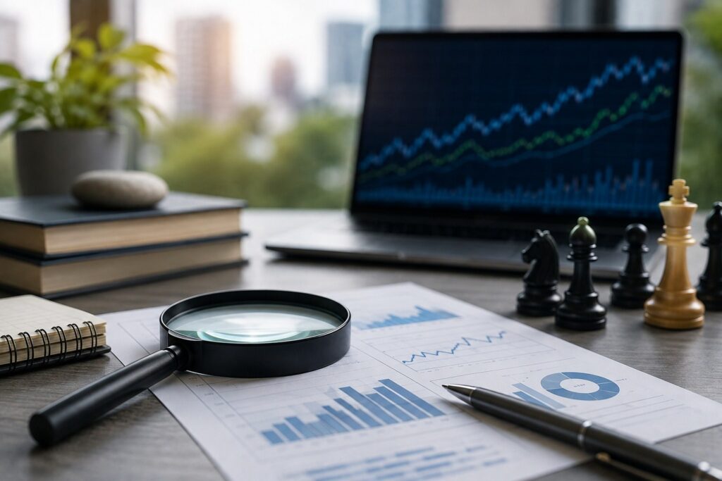 Magnifying glass over financial charts beside a laptop and chess pieces.