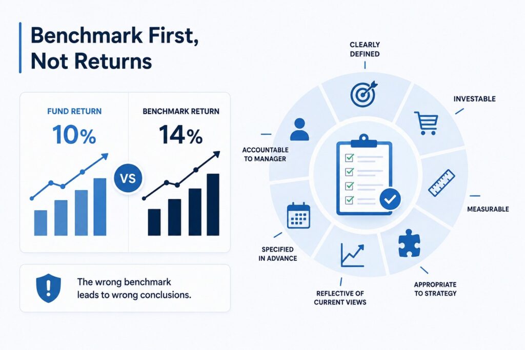 Infographic comparing fund returns with benchmark returns and benchmark quality criteria.
