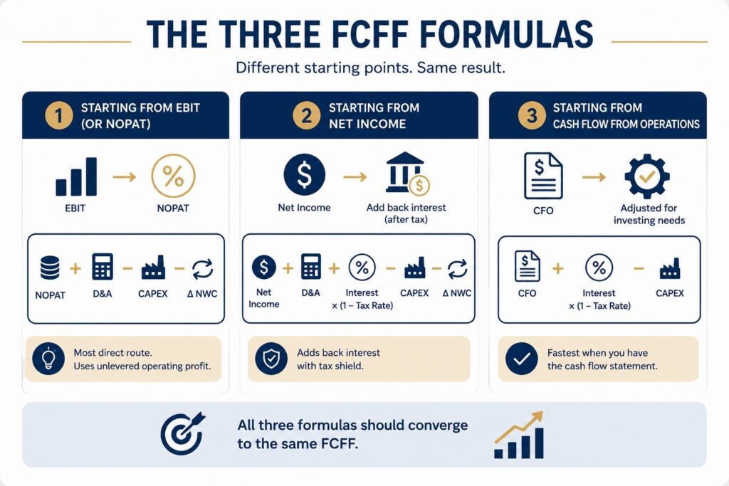 Infographic showing three FCFF formulas using EBIT, net income, and CFO.