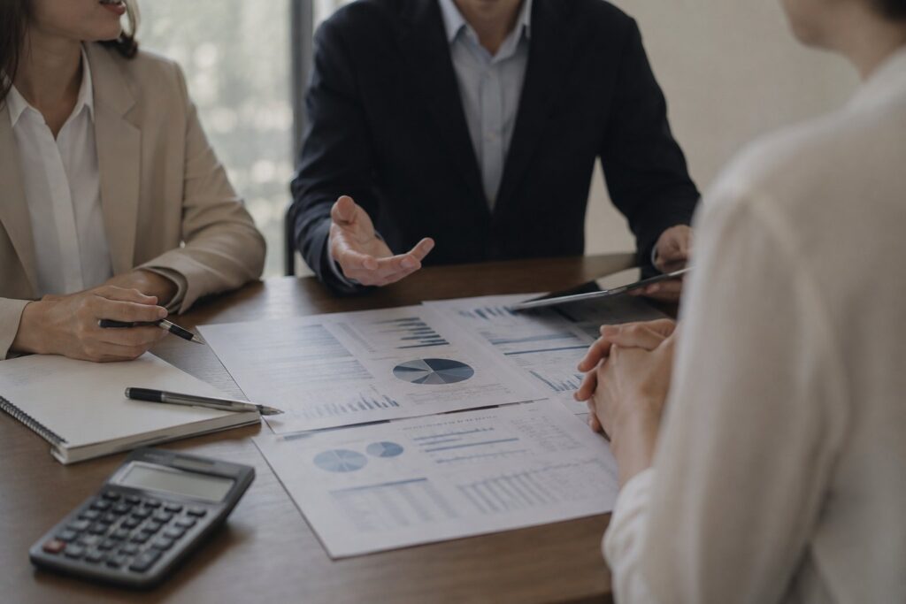Investment professionals discussing financial reports and portfolio strategies