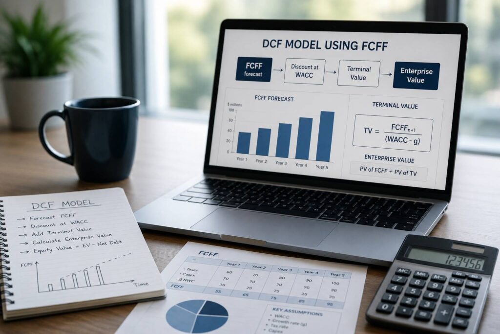 Laptop showing an FCFF-based DCF model with forecasts, WACC, terminal value, and enterprise value.
