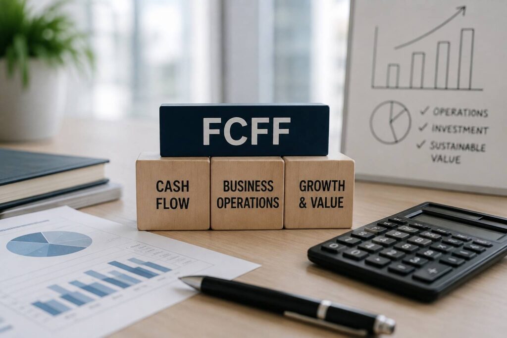 Calculate FCFF - FCFF concept shown with cash flow, business operations, growth, charts, and a calculator.