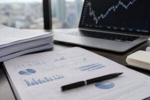 Laptop and financial reports showing bond market analysis.
