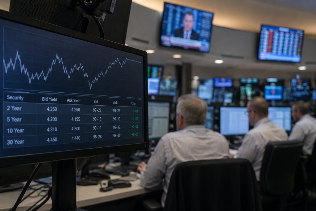 Traders monitoring bond yields and prices on financial screens.